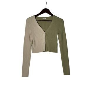 Garage Sweater Women's Green/Beige Small LS Cropped Ribbed Colorblock Streetwear